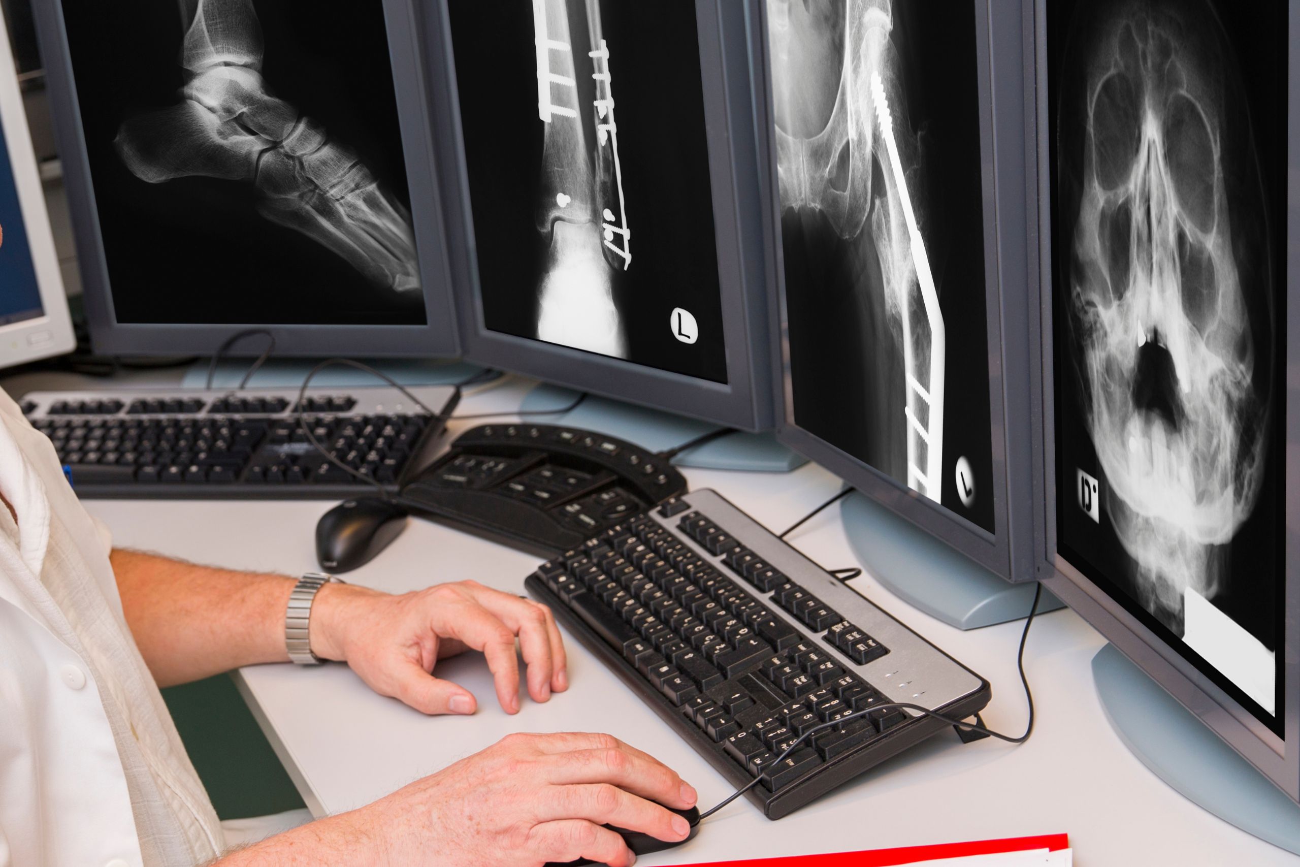 Board-certified radiologist reviewing pet x-ray images on computer screen at veterinary clinic